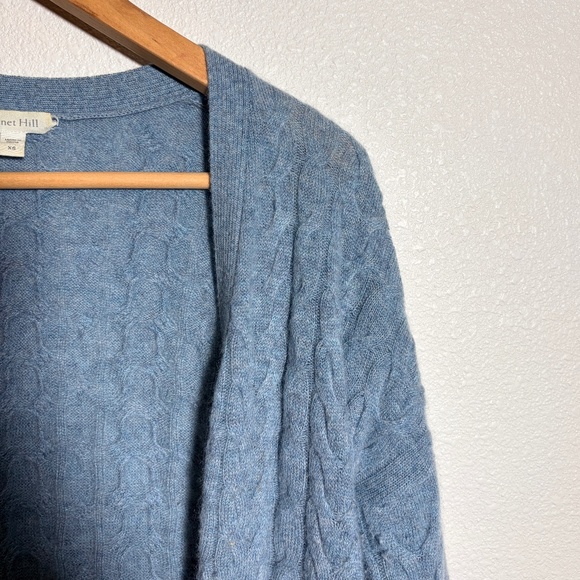 Garnet Hill 100% Cashmere Cable Knit Long Cardigan Open Front Soft Blue SIZE XS - Picture 6 of 10